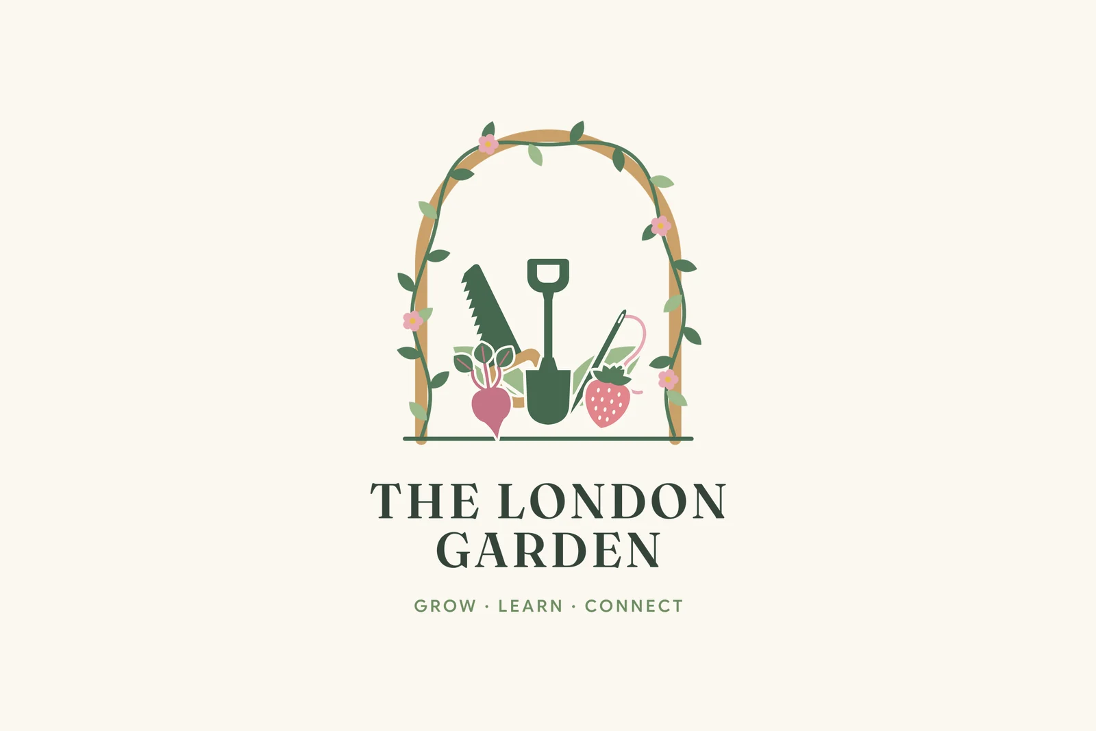 The final London Garden logo: a simple wooden arch over the name
