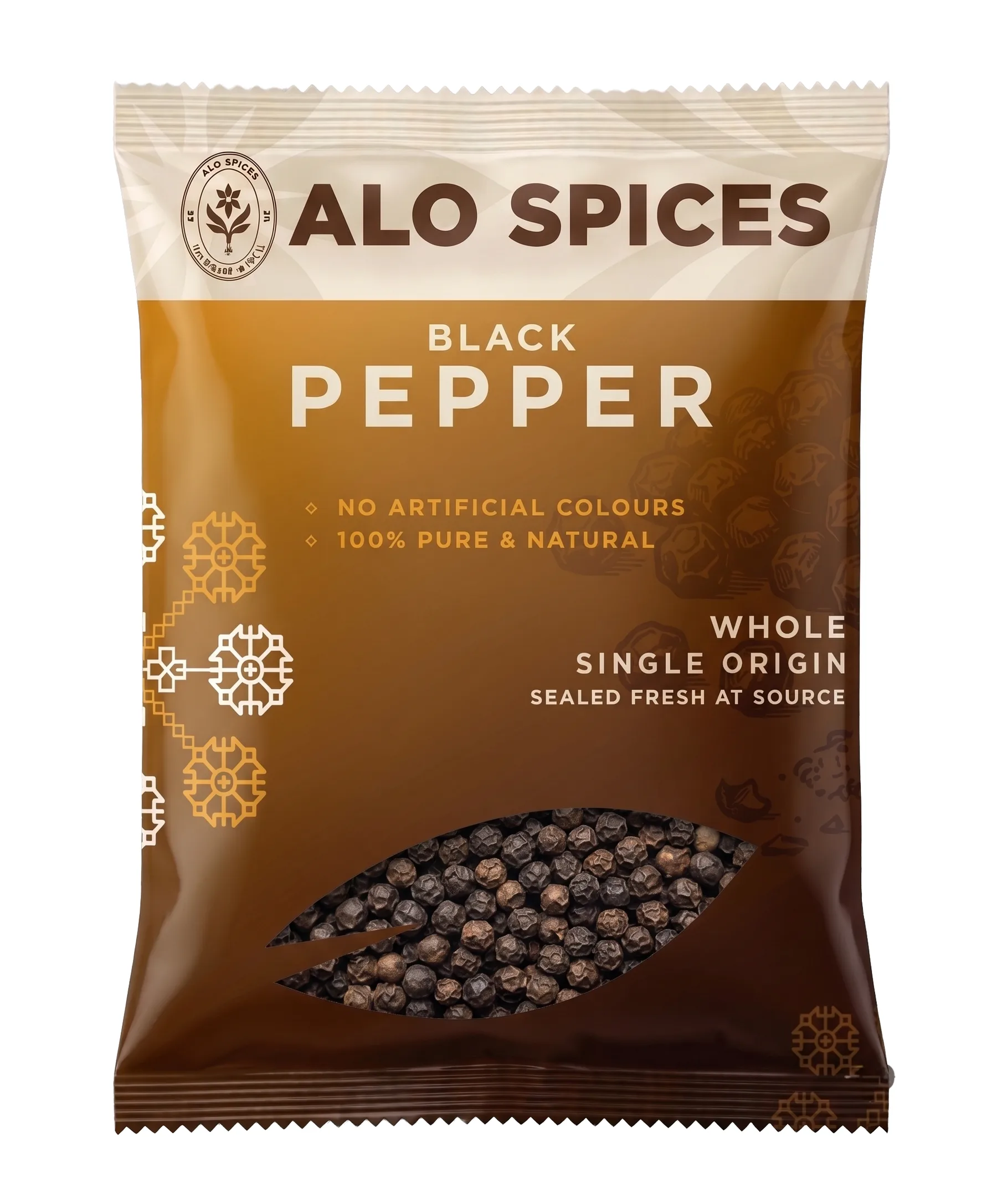 The amber Black Pepper pouch, with a window showing peppercorns