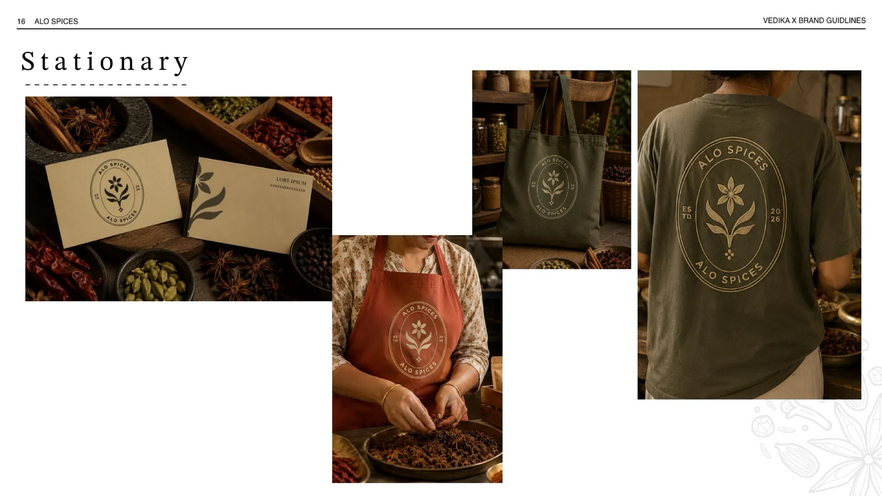 A brand book page: cards, a tote bag, an apron and a T-shirt with the Alo emblem