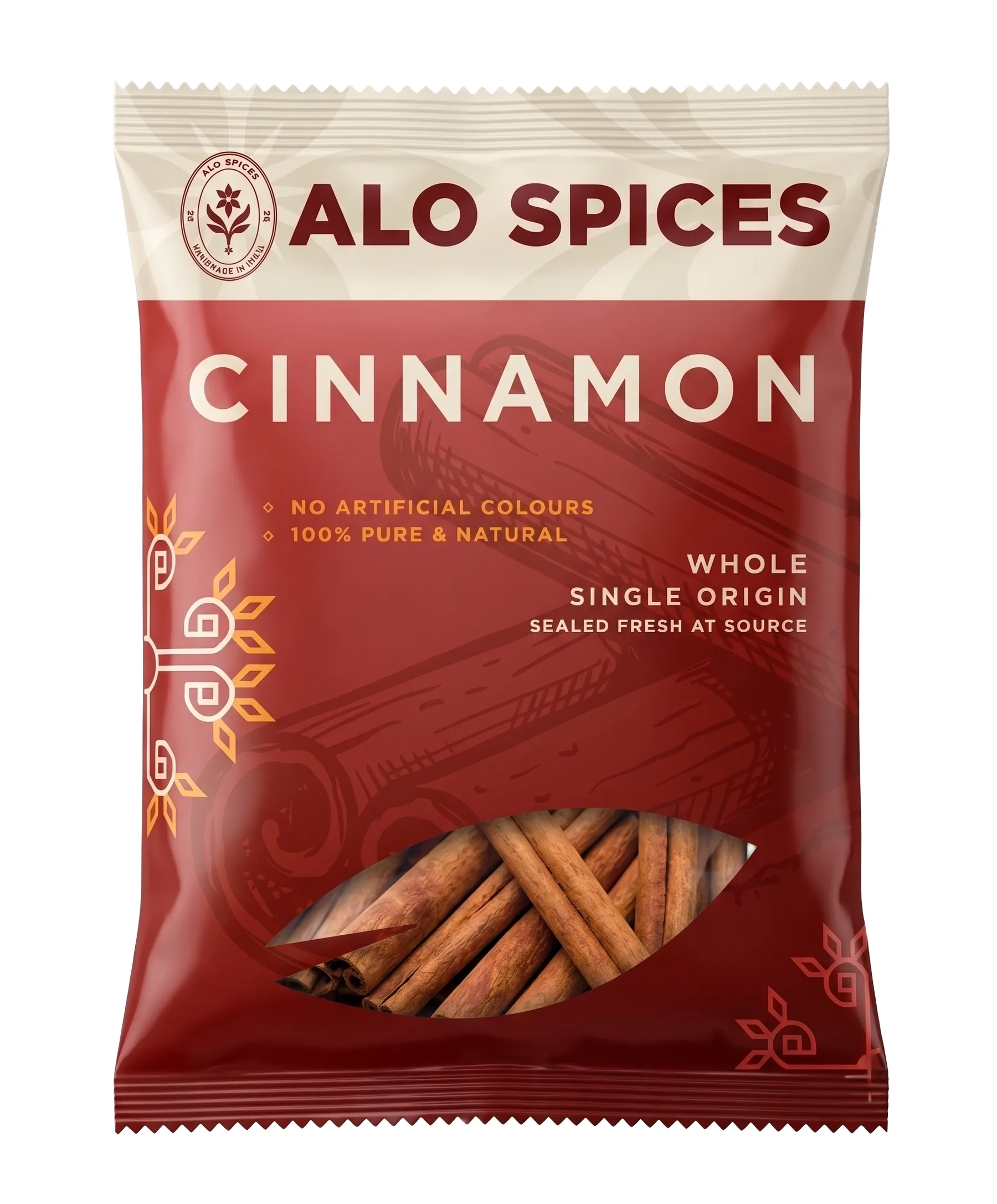 The red Cinnamon pouch, with a window showing cinnamon sticks