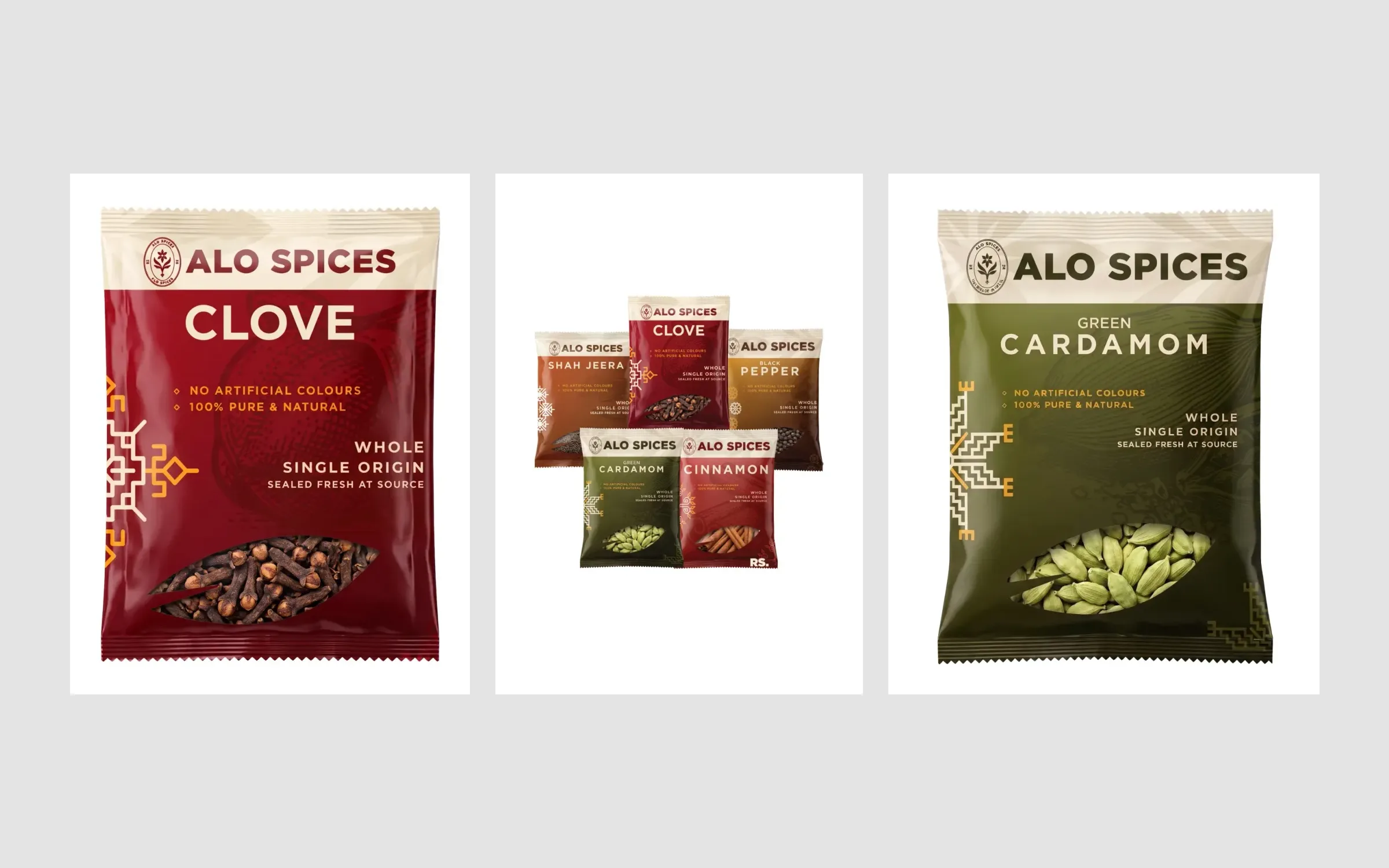Alo Spices pouches: clove, the full range of five, and green cardamom