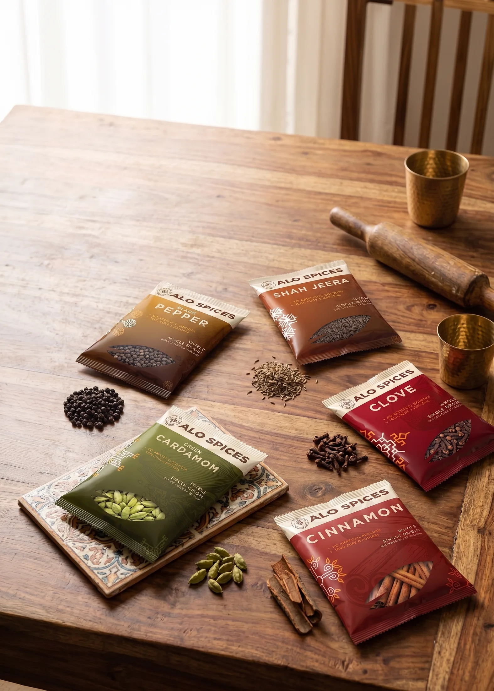 Five Alo Spices pouches among whole spices on a wooden table
