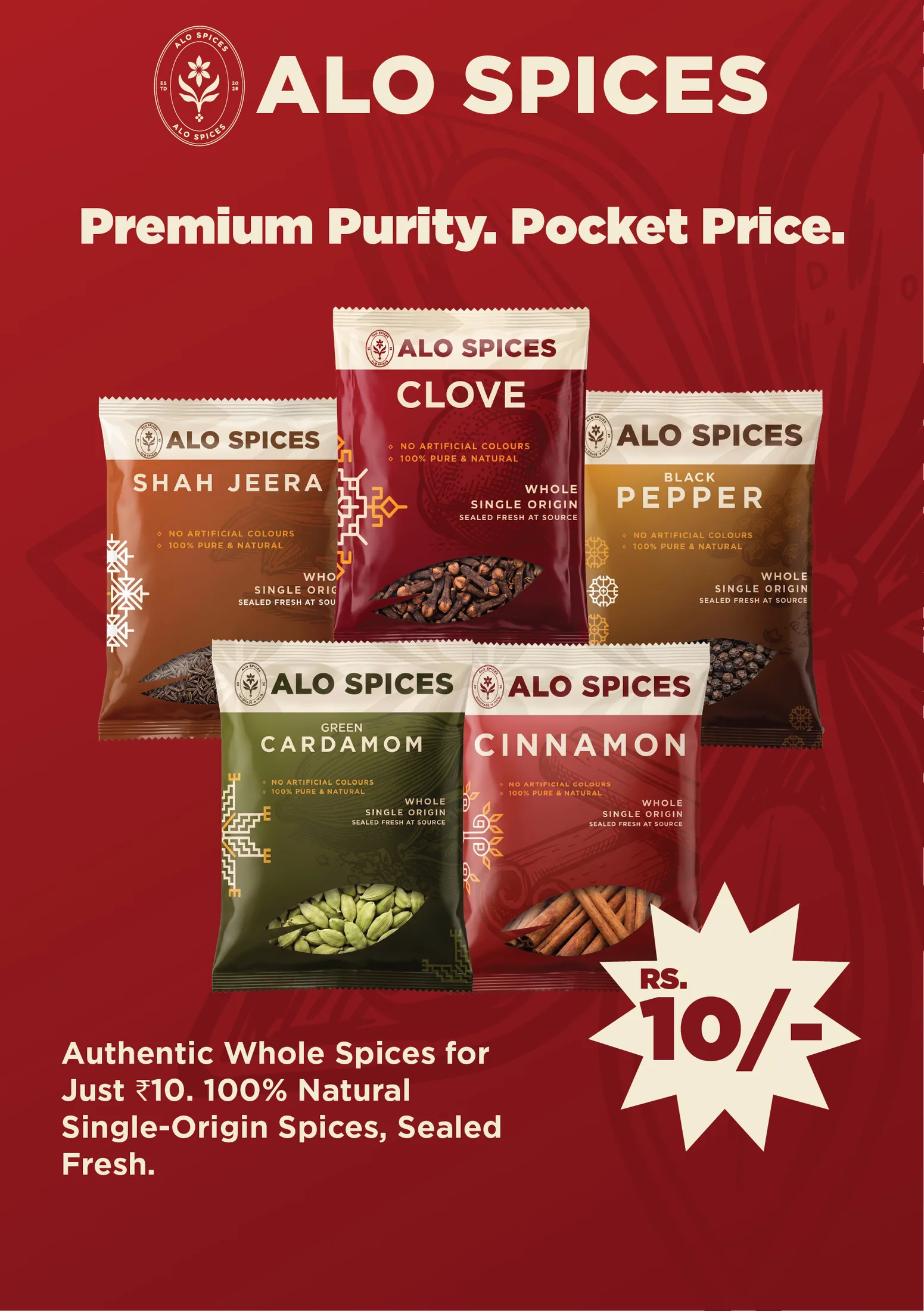 A red retail poster: Premium Purity. Pocket Price., with five pouches and a Rs. 10 burst