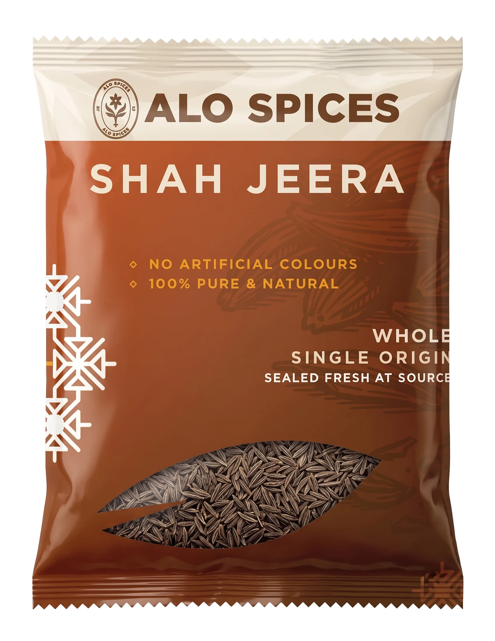 The rust Shah Jeera pouch, with a window showing caraway seeds