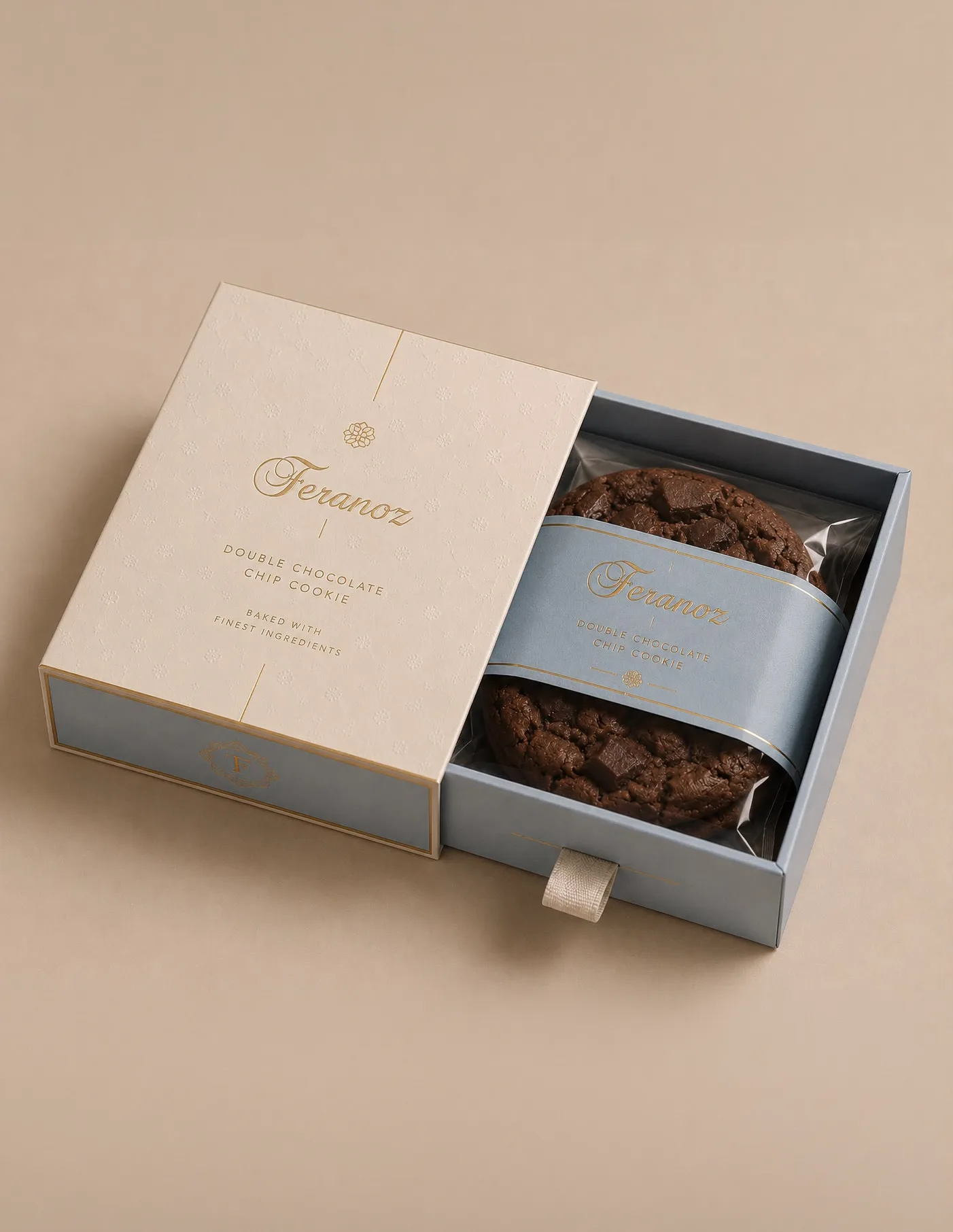 A pale pink sliding cookie box, half open, with double chocolate cookies inside