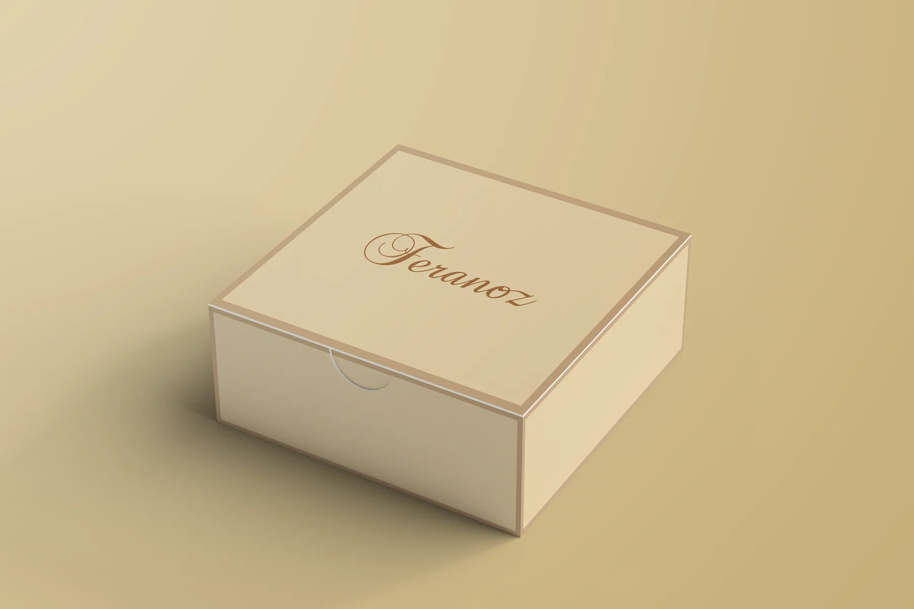A cream square Feranoz pastry box with the gold script logo, on warm beige