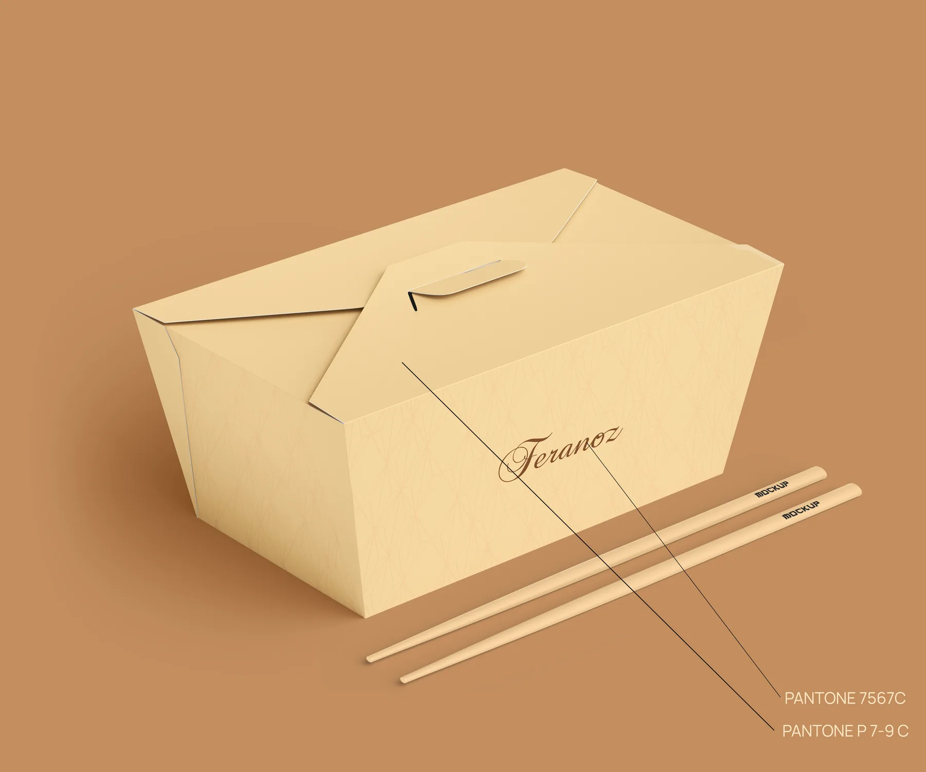 A cream Feranoz takeaway box with chopsticks, beside its colour callouts