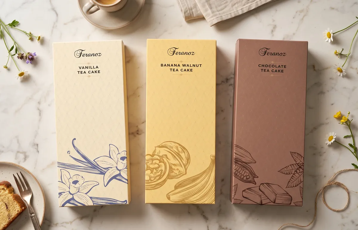 Three Feranoz tea cake boxes in cream, yellow and brown, with drawn vanilla, banana and cocoa