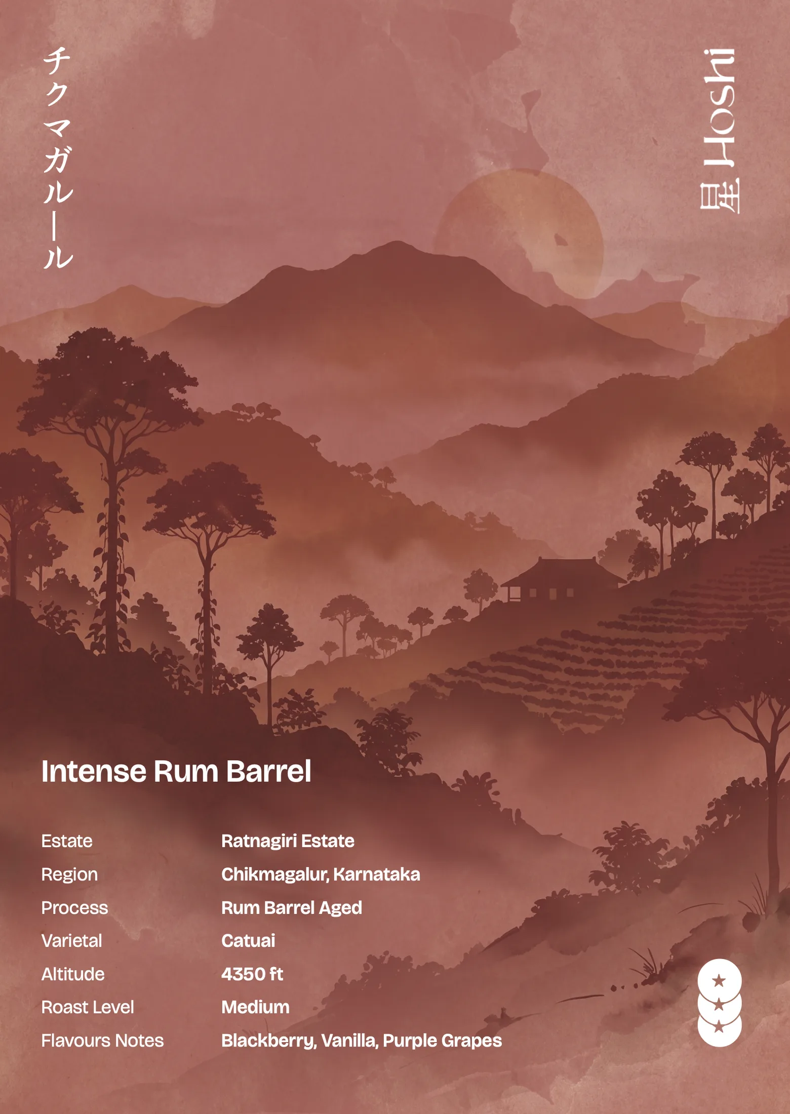 A pour-over card with a deep red landscape for the Intense Rum Barrel coffee