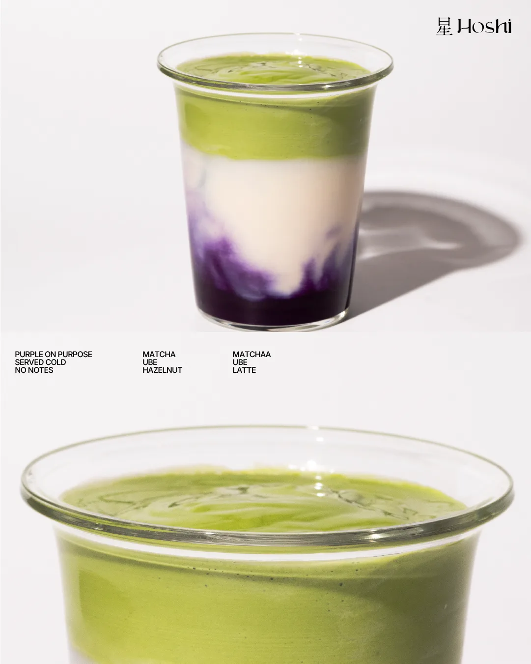 A social post of a layered matcha and ube drink