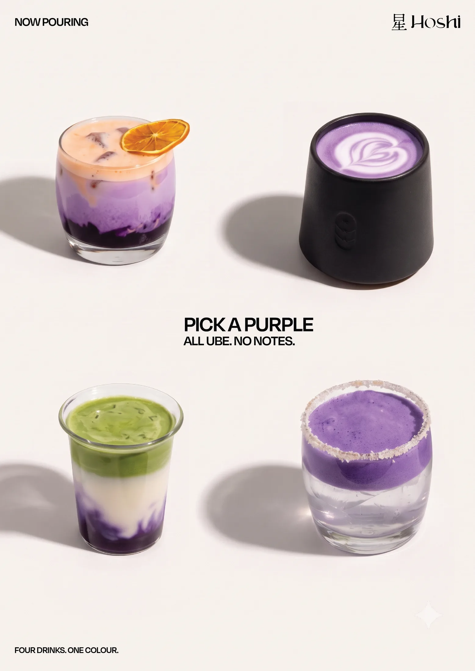 The Pick a Purple poster: four ube drinks on white