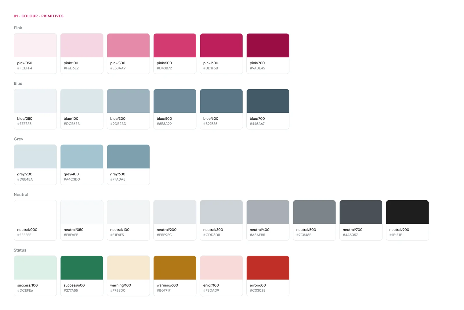 The colour primitives: rows of swatches from light to dark with their hex values