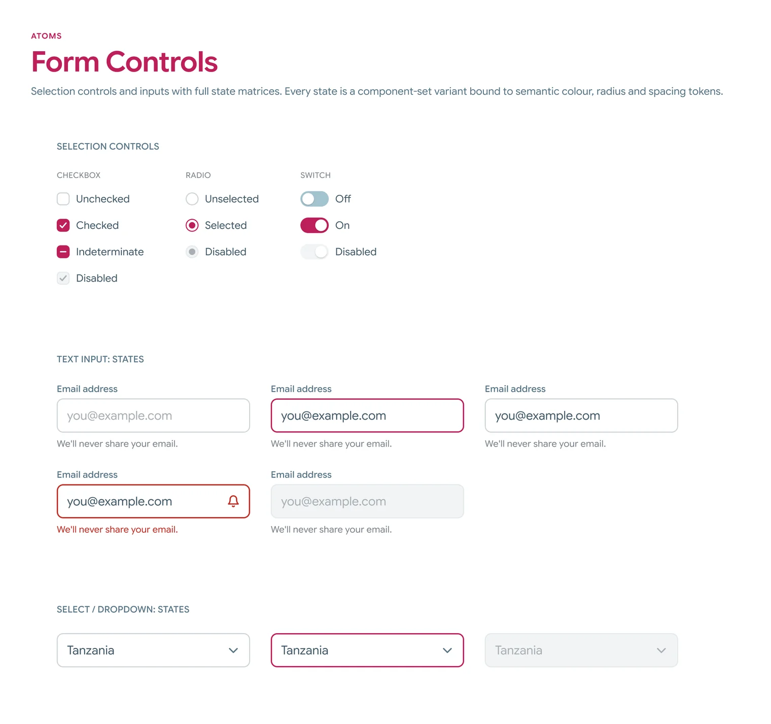 Form controls: checkboxes, radios, switches, text inputs and dropdowns in every state