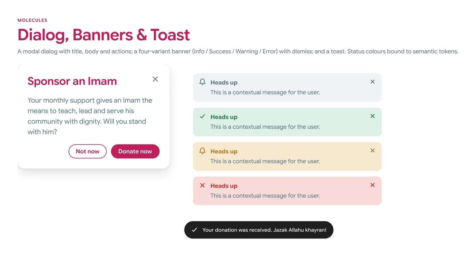 A donation dialog, four banners and a toast, built from the same small components