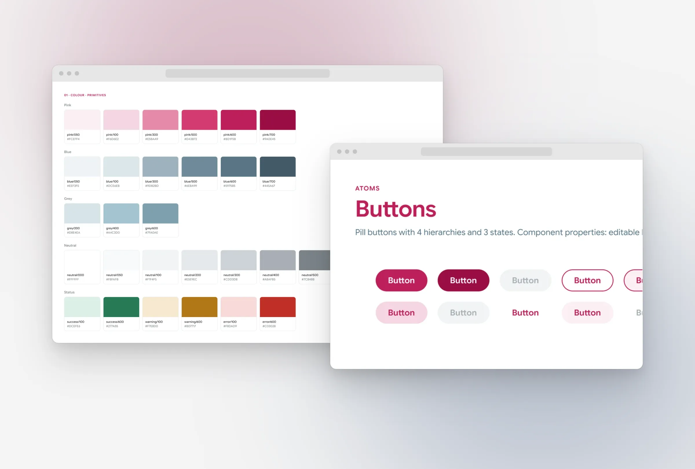 Two component sheets from the IDP design system, buttons and colour tokens, in browser windows