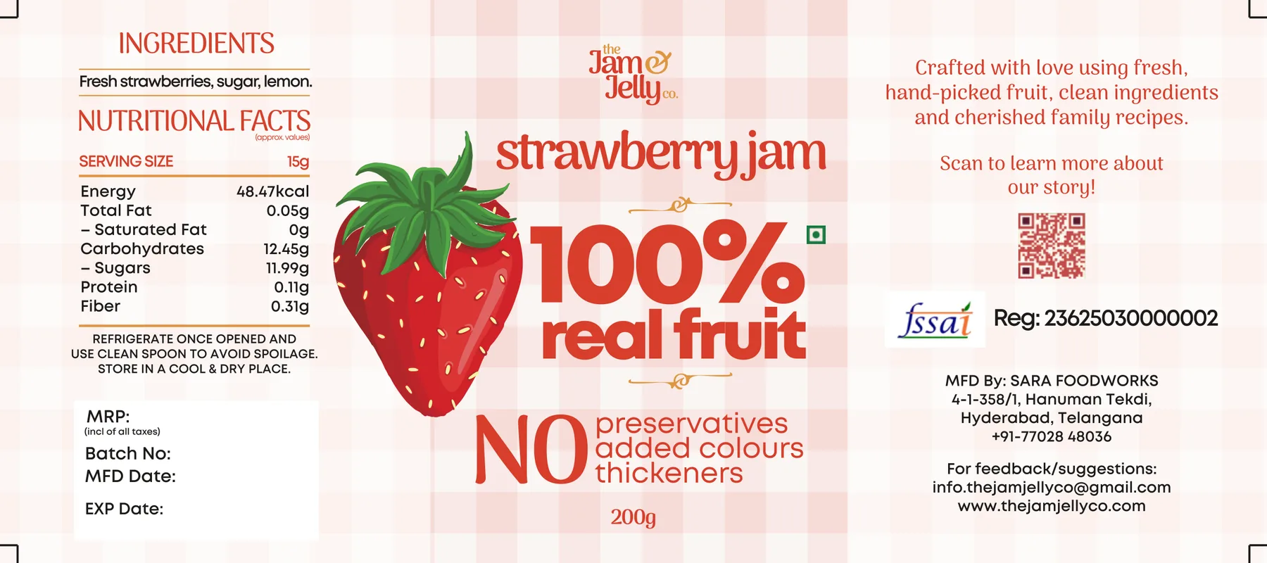 The strawberry jam label: pink gingham, a large drawn strawberry and 100% real fruit