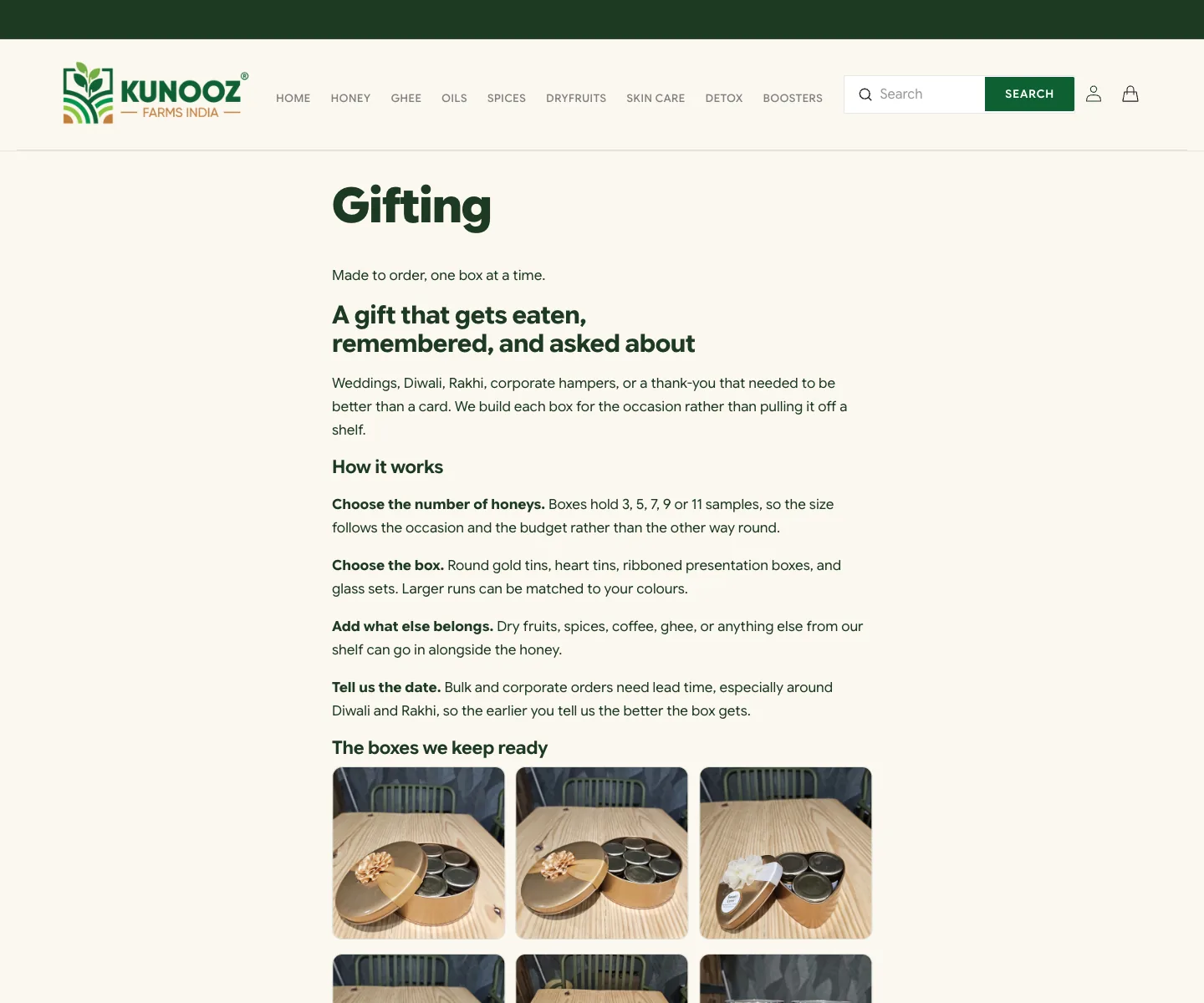 The gifting page, with copy about hampers and a call to enquire