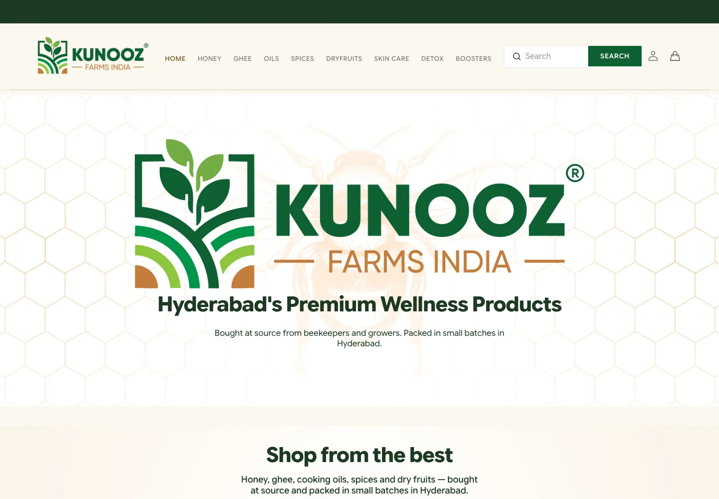 The Kunooz Farms homepage after the restyle: cream background, green and copper brand colours, eight product categories in a row