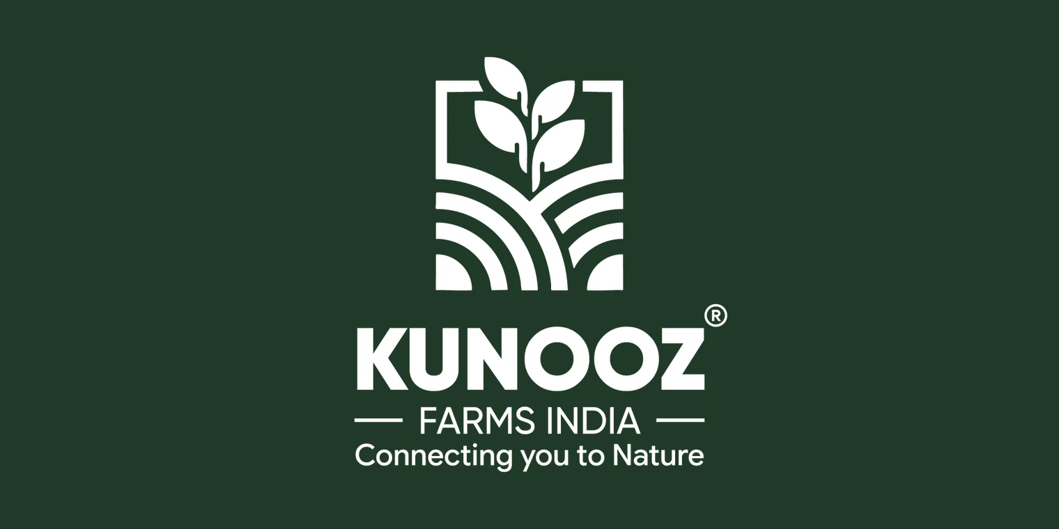 The Kunooz Farms logo in white on forest green: a sprouting plant in a square frame over curved fields