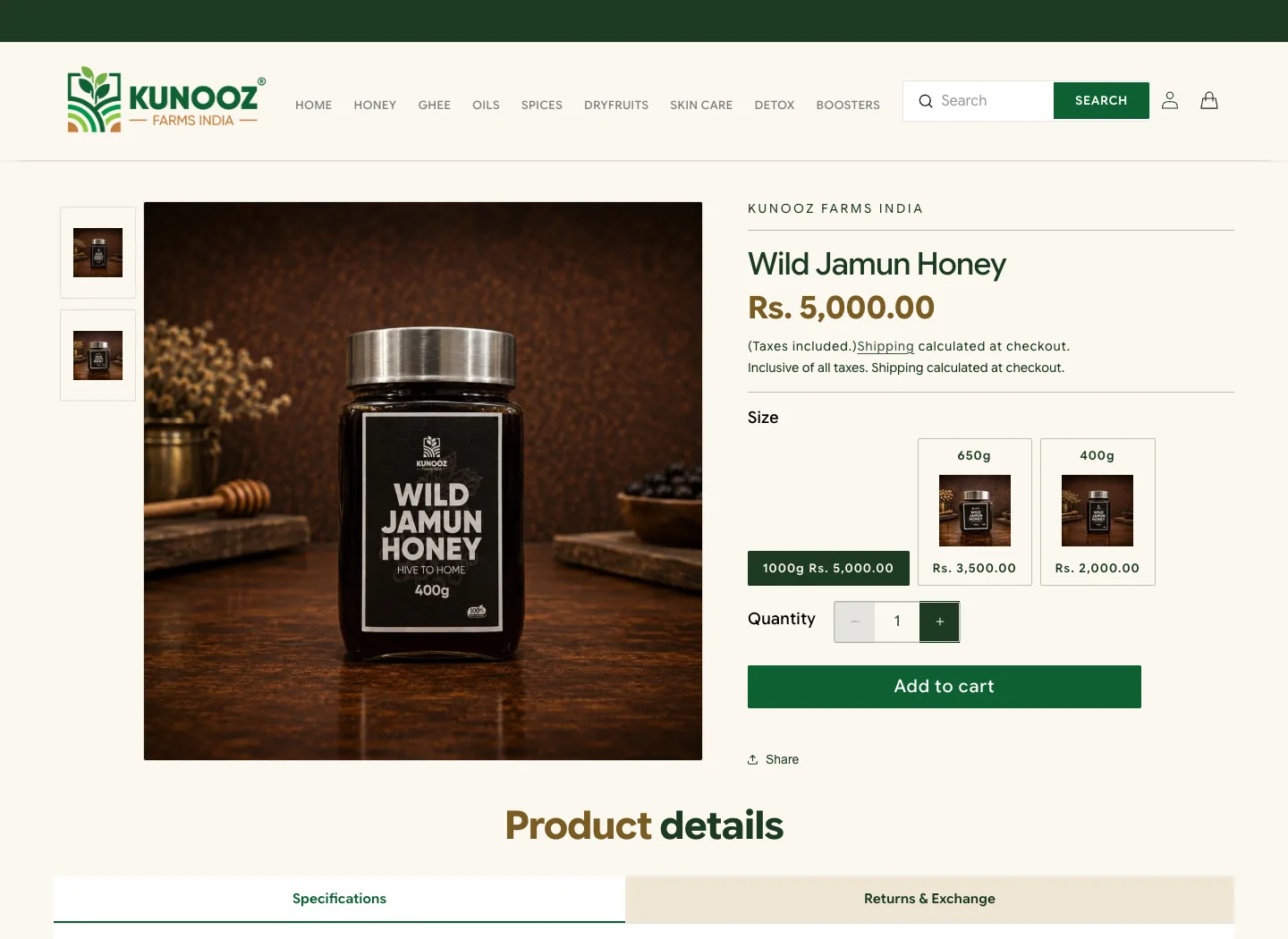 The Wild Jamun Honey product page, with a photo for each of three sizes
