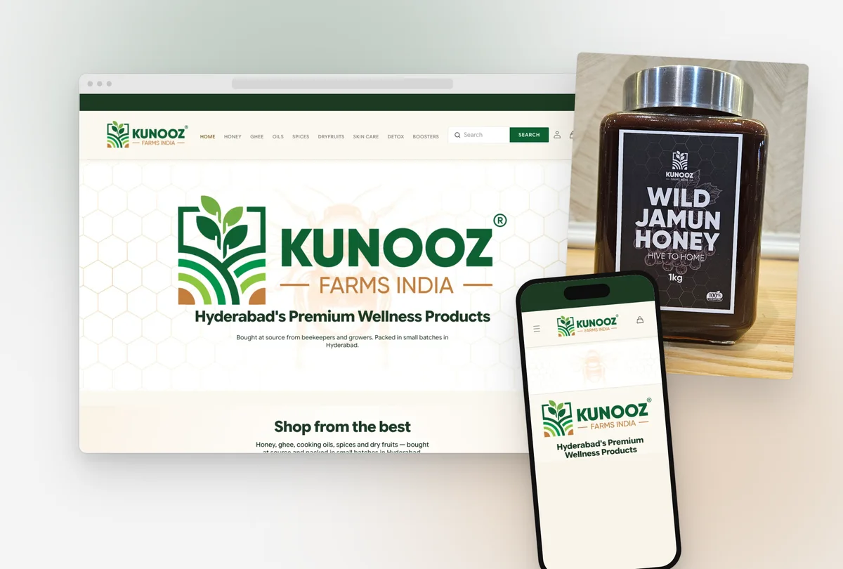 The Kunooz Farms store in a browser window and on a phone, beside a jar of Wild Jamun honey