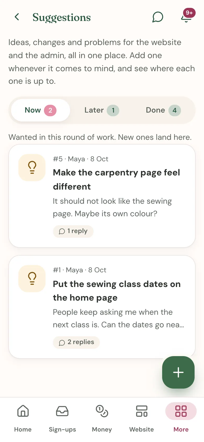 The suggestions board in the admin app