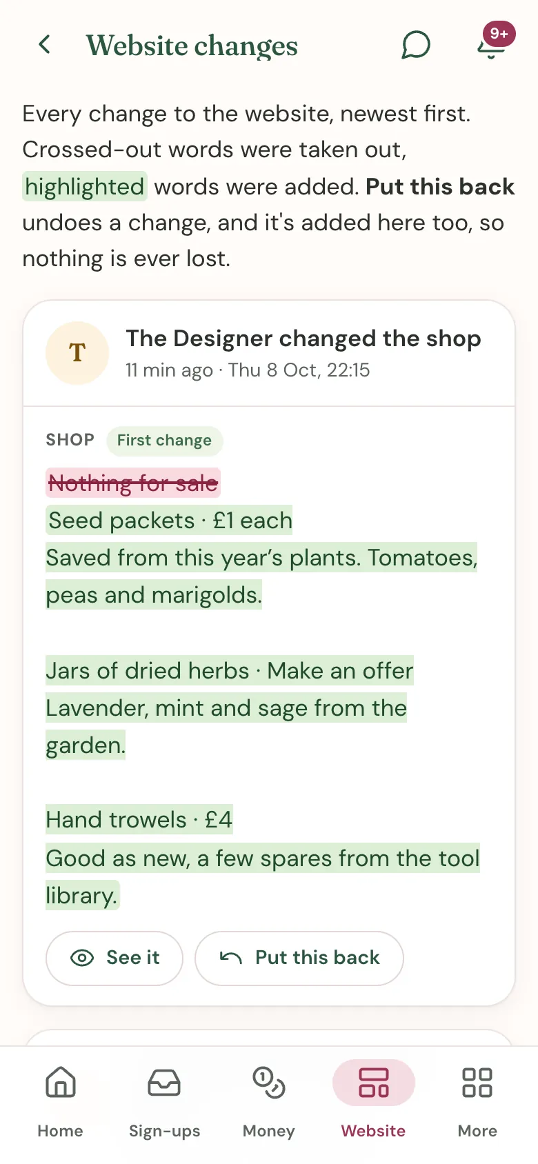Website changes, listing each edit with a Put this back button