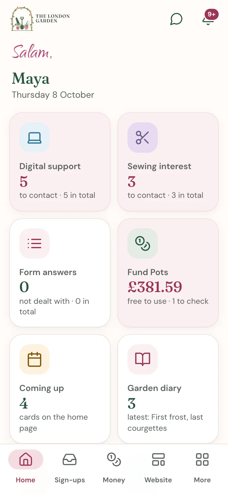 The admin app’s home screen on a phone