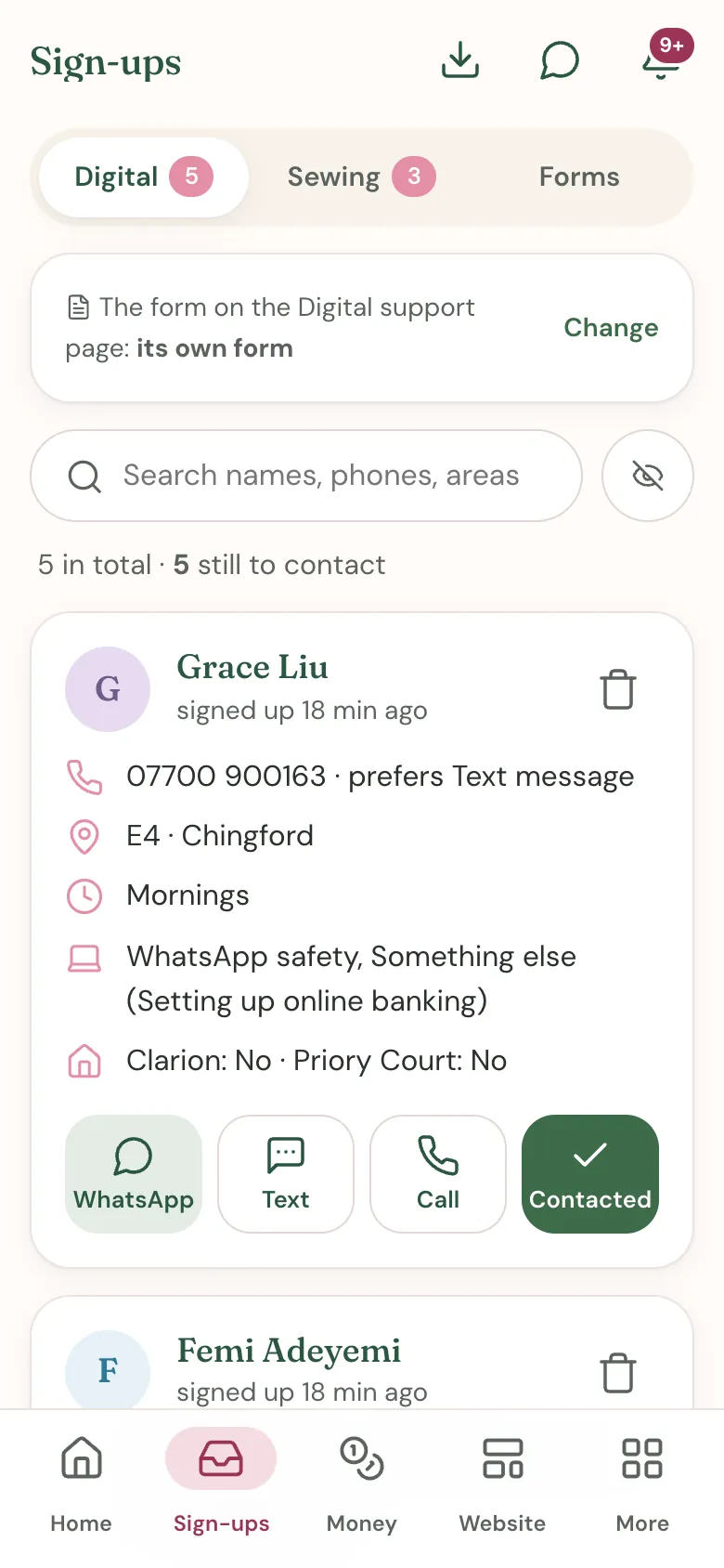 The sign-ups list in the admin app