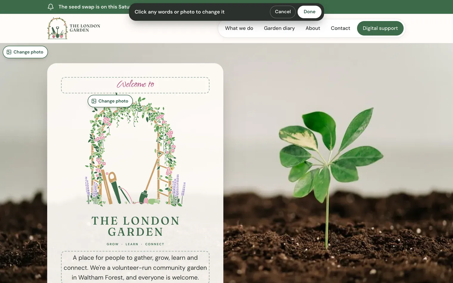 The homepage in edit mode, with every word and photo outlined and Change photo buttons on the pictures