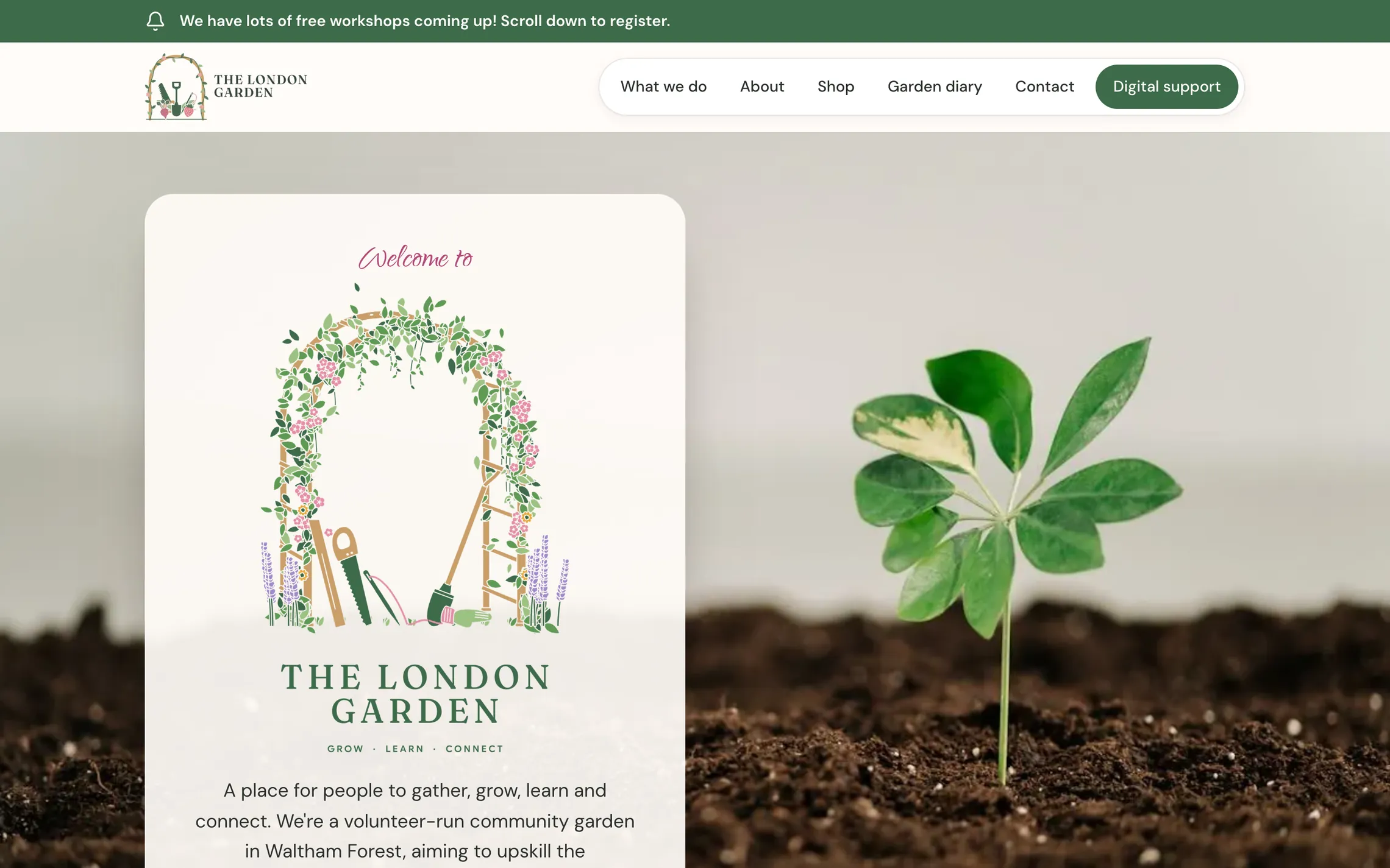 The new London Garden homepage: a green notice bar, the logo and menu, and the painted garden arch over a photo of a seedling in soil