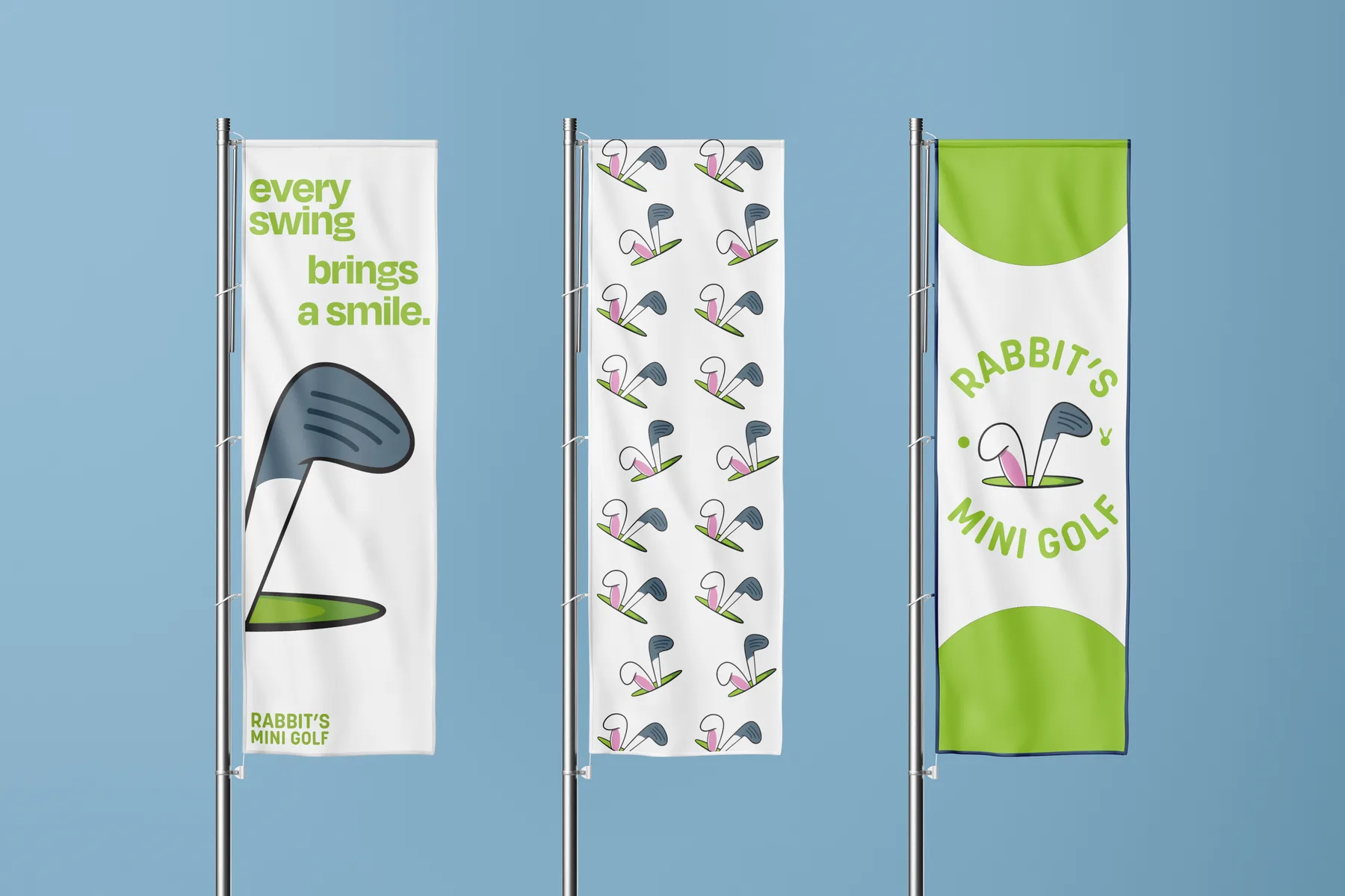 Three banner flags with the logo, an icon pattern and every swing brings a smile