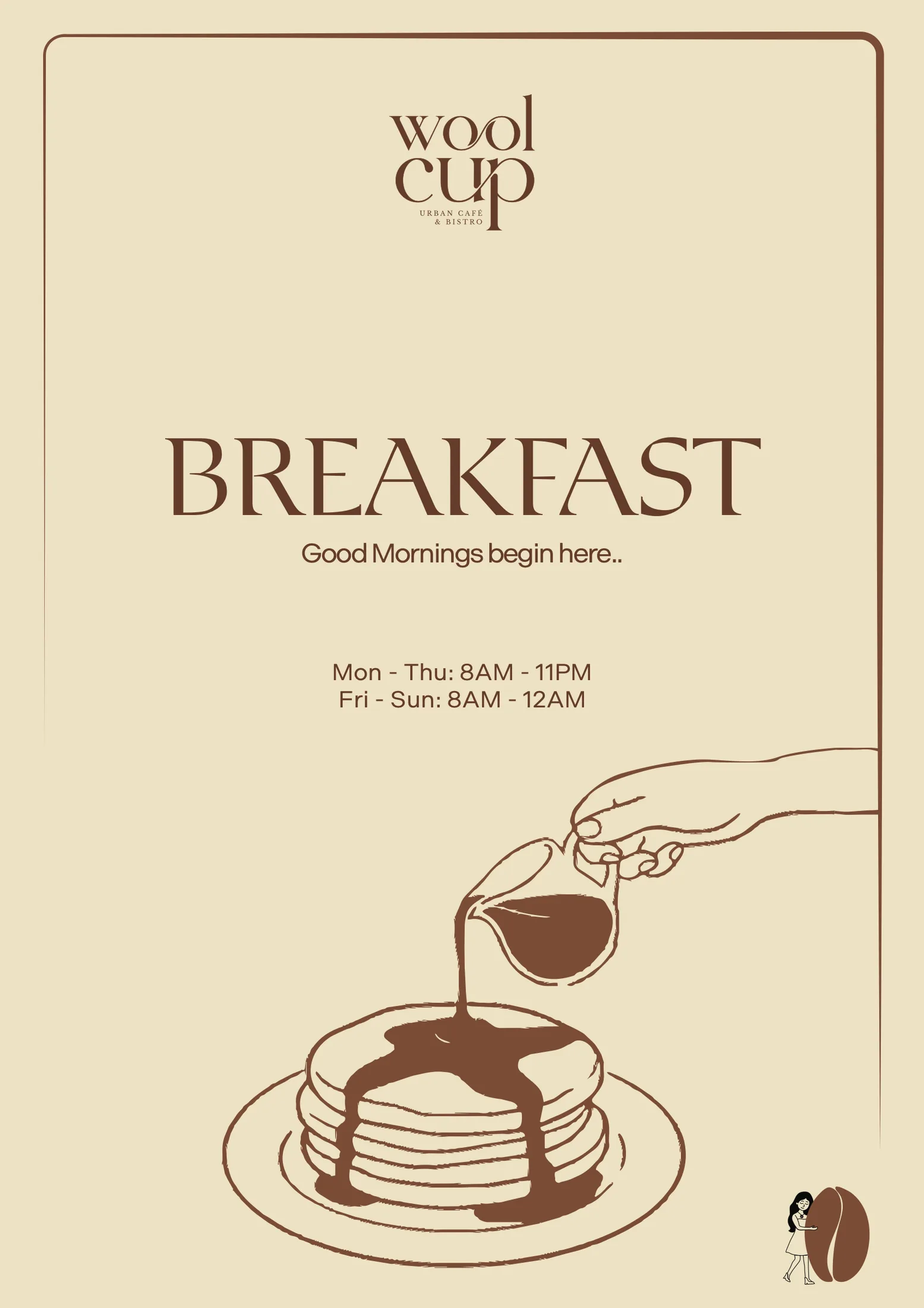 The breakfast menu cover: a hand pouring syrup onto pancakes