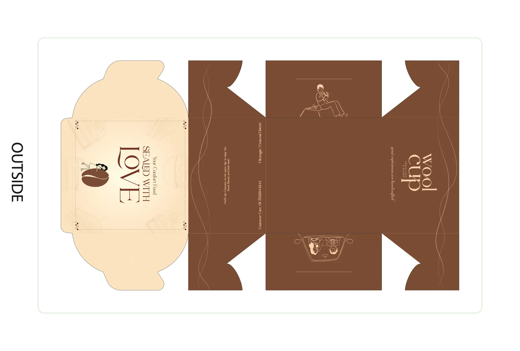 The flat Wool Cup burger box in brown and peach: Served with Love