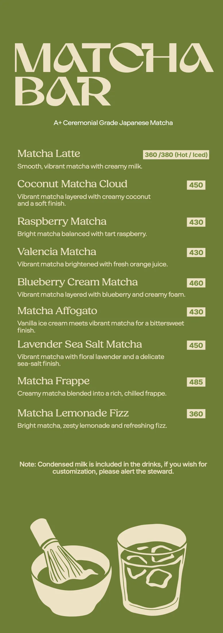 The green Matcha Bar menu panel