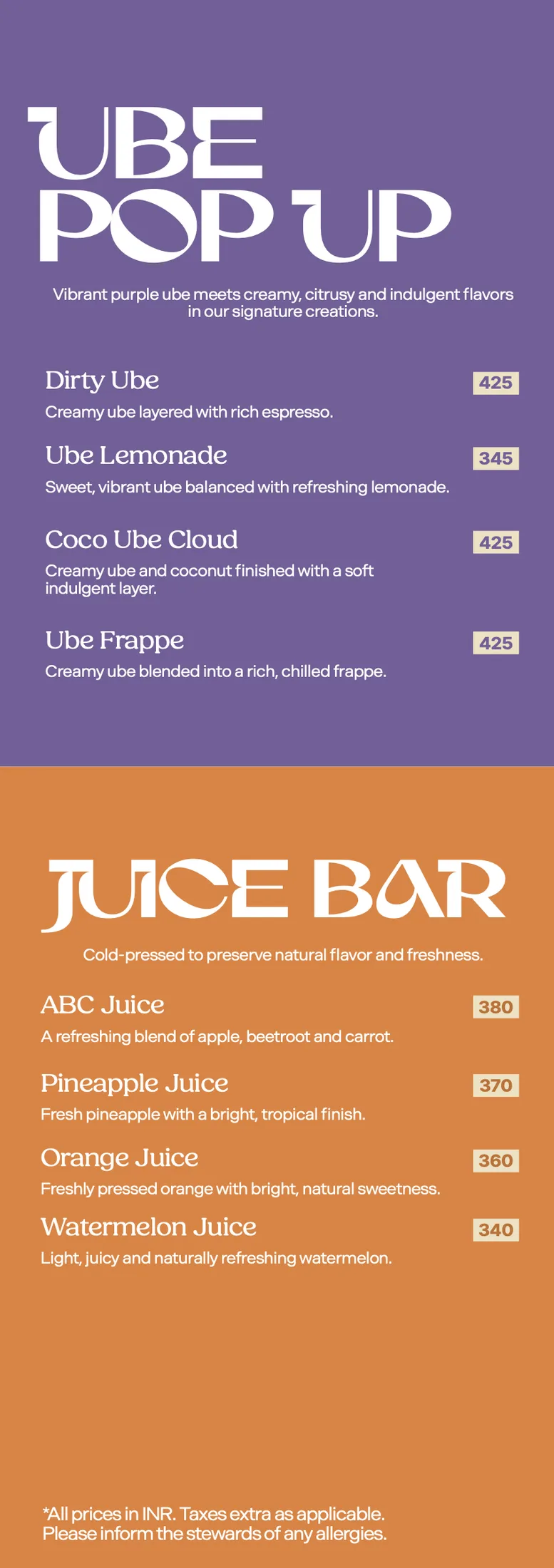The purple Ube Pop Up and orange Juice Bar panel
