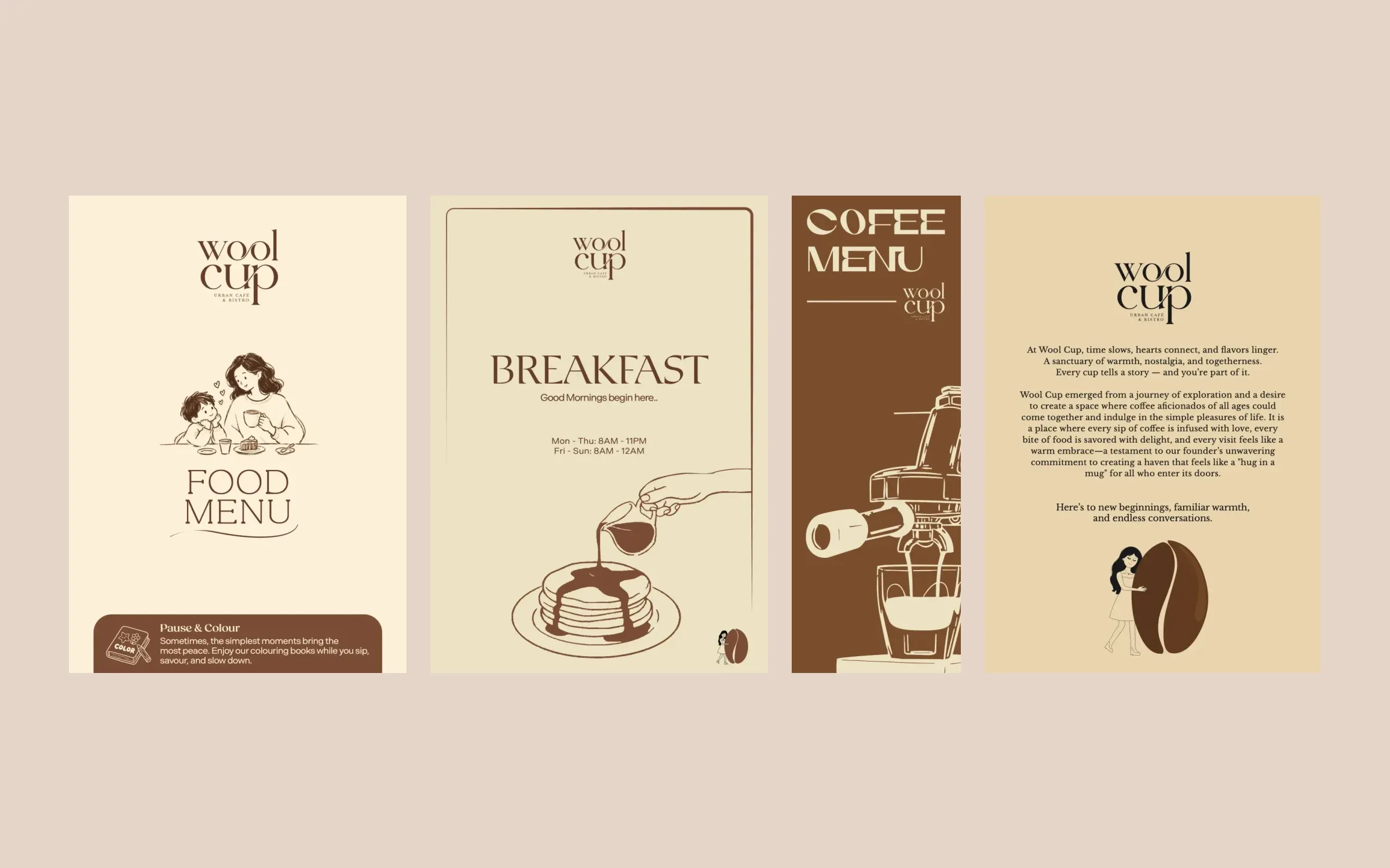 Wool Cup’s food, breakfast and coffee menu covers and its table tent, side by side