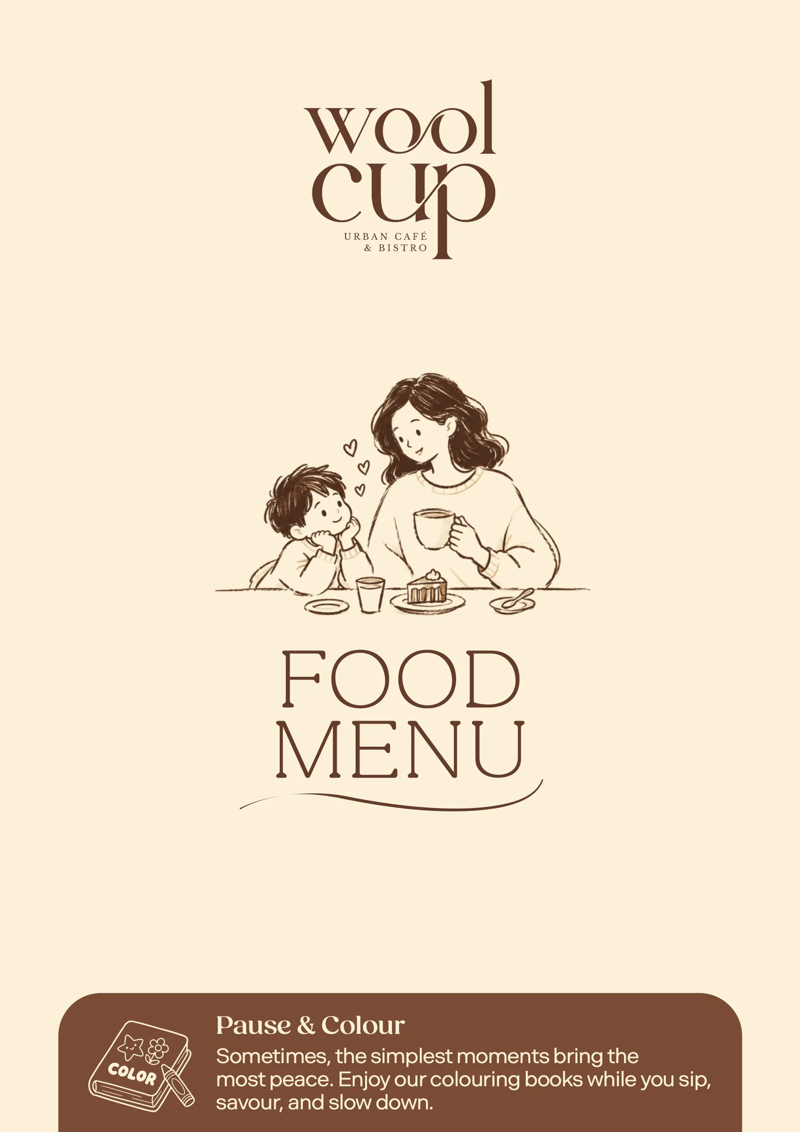 The food menu cover: a line drawing of a mother and child at a café table