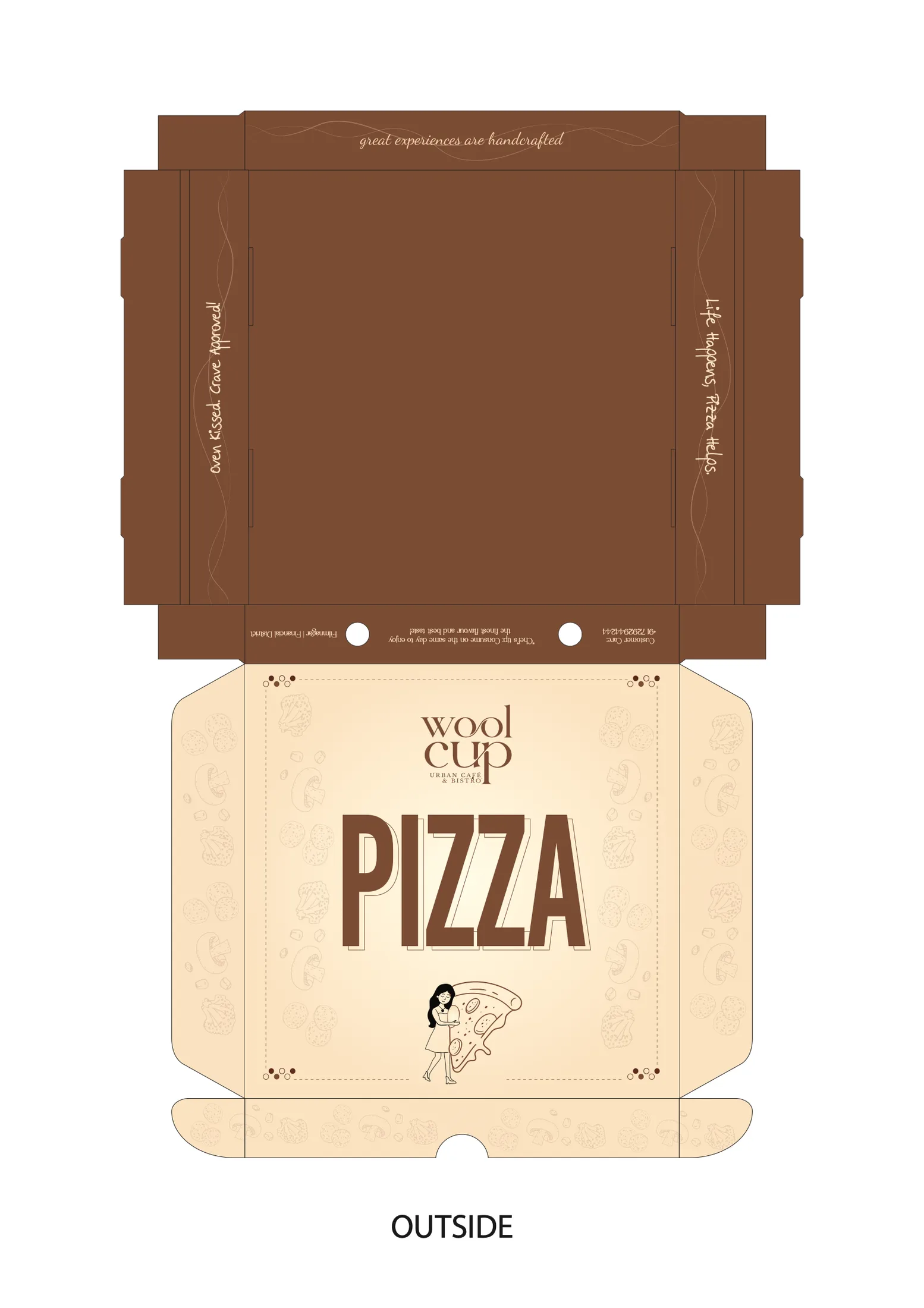 The flat Wool Cup pizza box in brown and peach