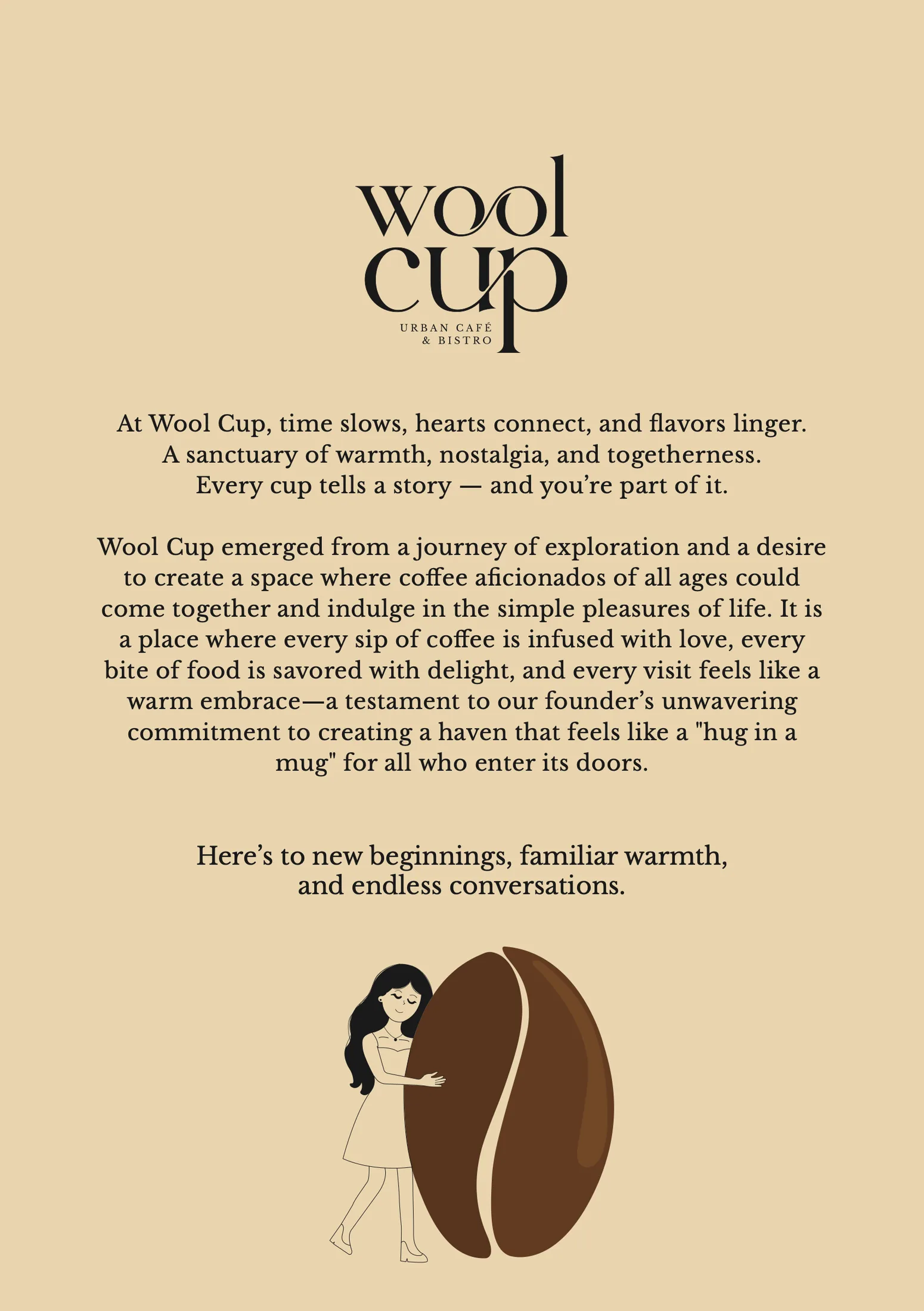 The table tent with Wool Cup’s story and a girl hugging a coffee bean