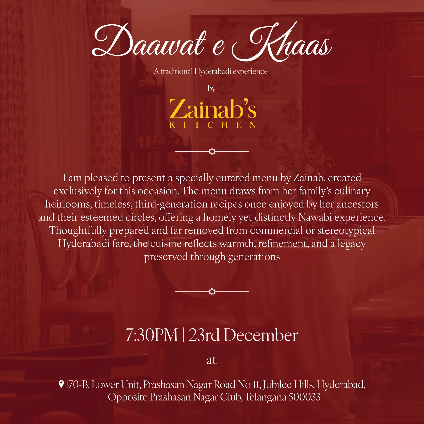 The deep red Daawat e Khaas dinner invitation in gold script