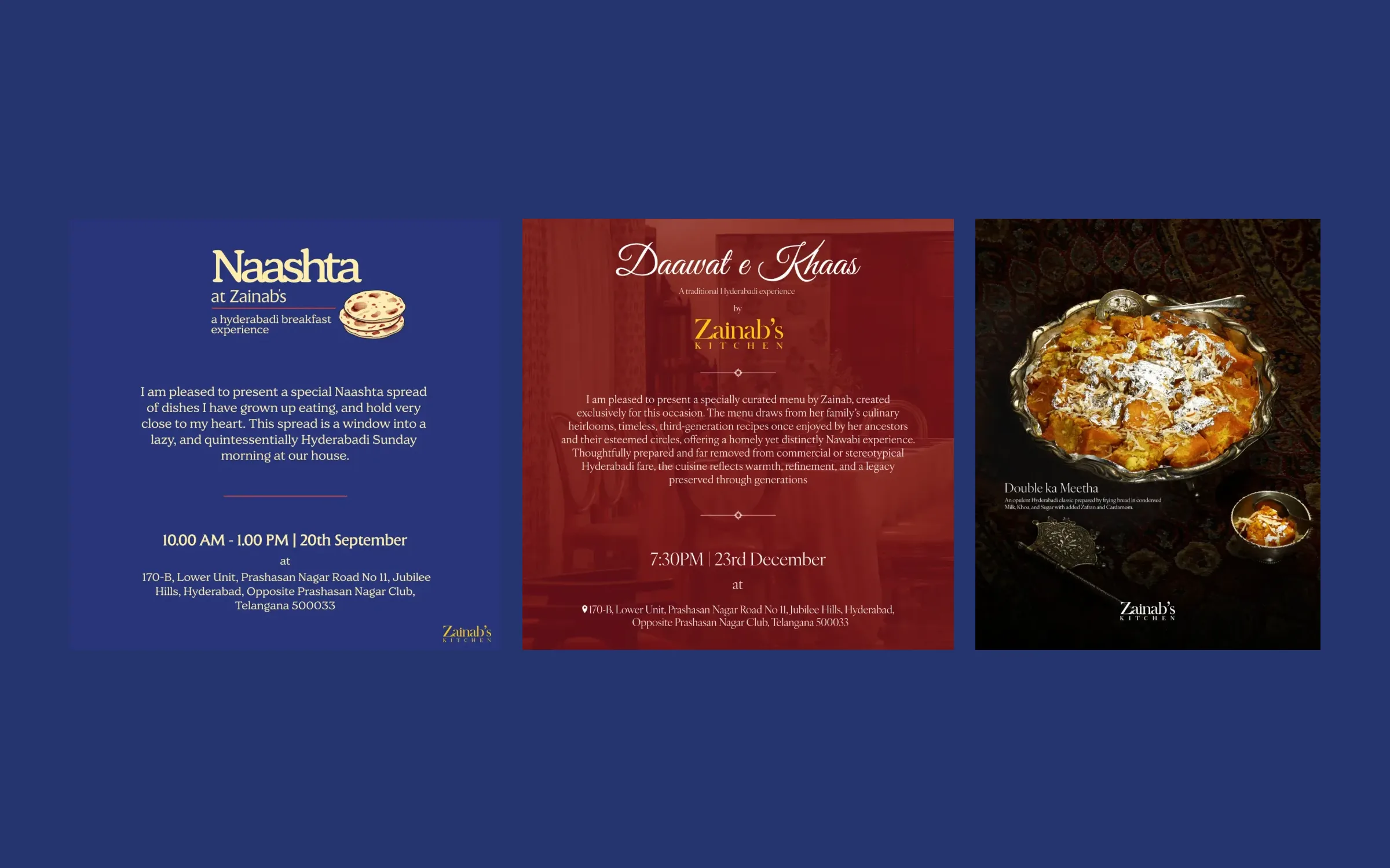 Three Zainab’s Kitchen pieces side by side: the navy Naashta invitation, the red Daawat e Khaas invitation and a post of Double ka Meetha