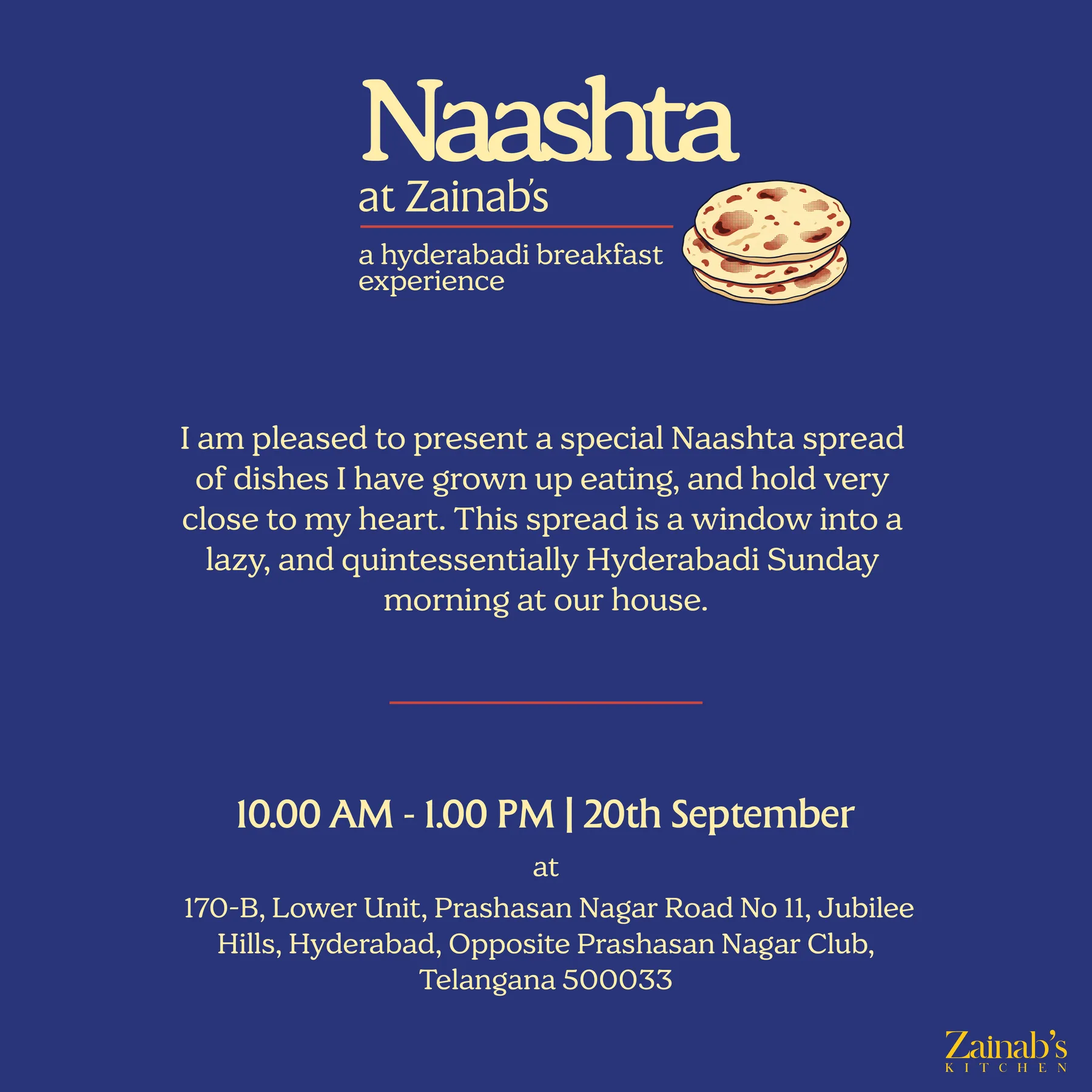 The navy Naashta at Zainab’s breakfast invitation with drawn flatbreads