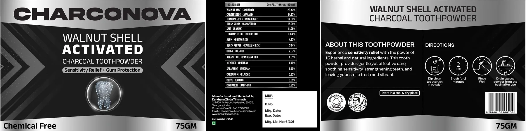 The black and silver Charconova activated charcoal tooth powder label