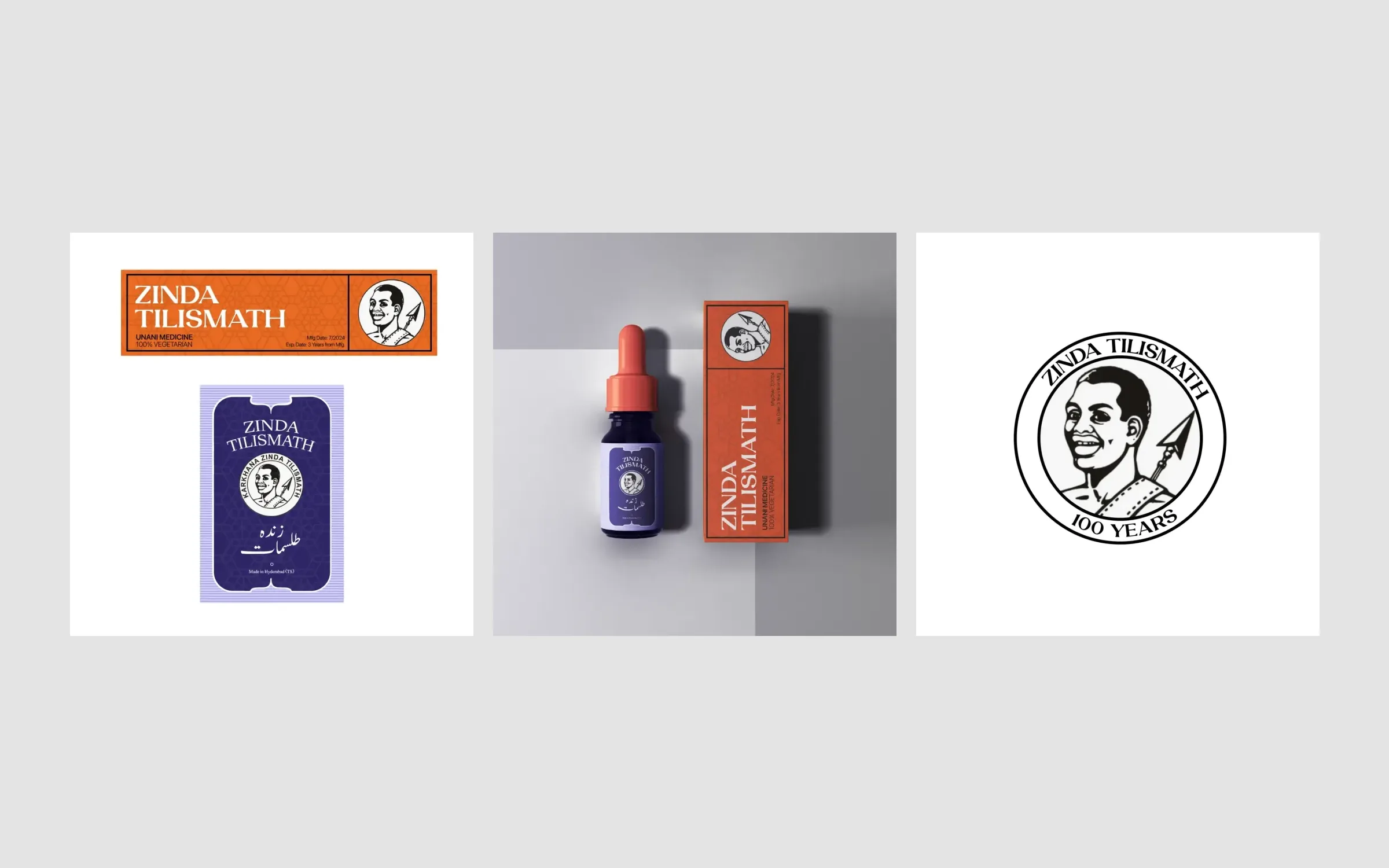 Zinda Tilismath labels, the dropper bottle and carton, and the 100 Years badge