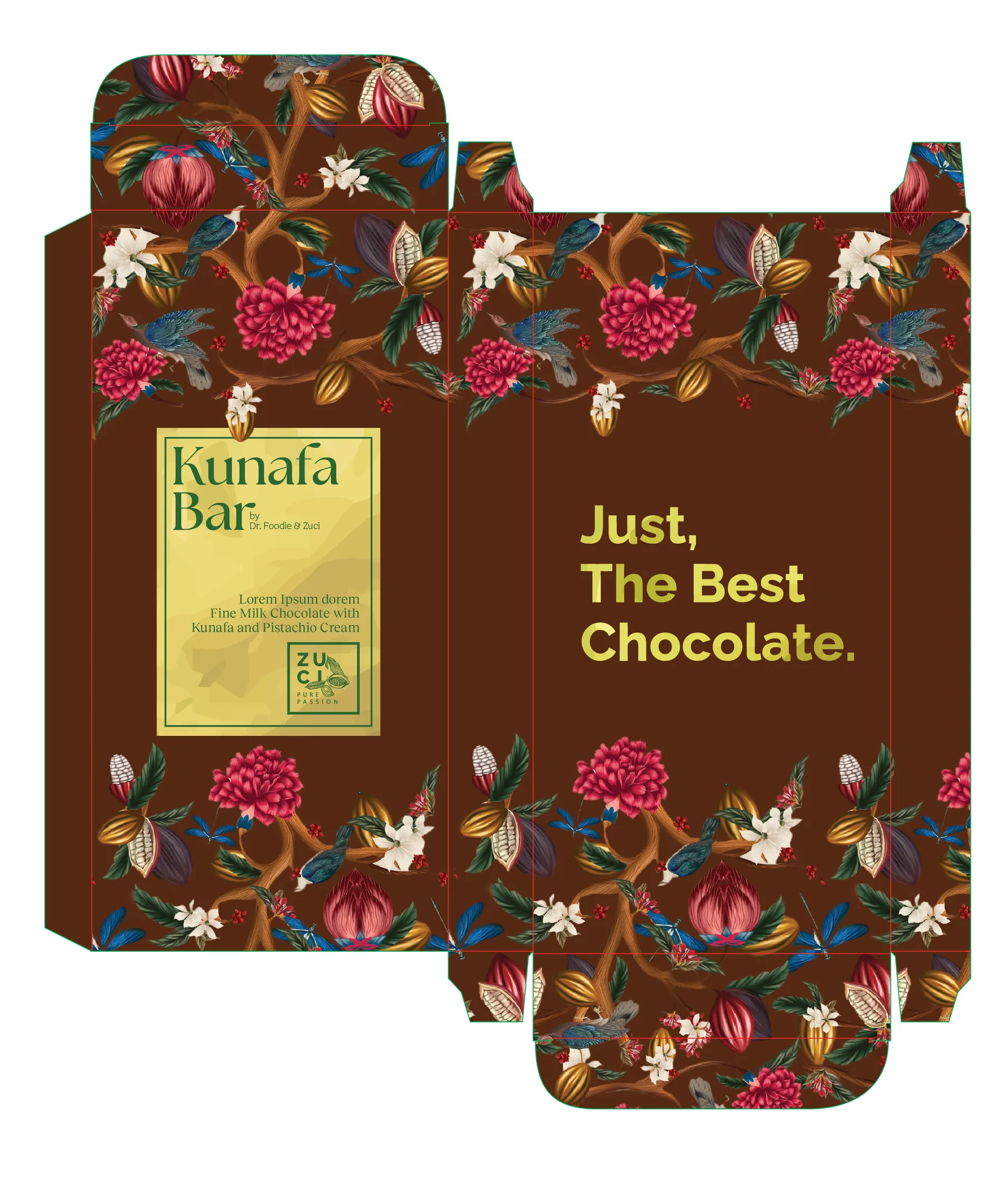 The flat Kunafa Bar carton with its floral pattern
